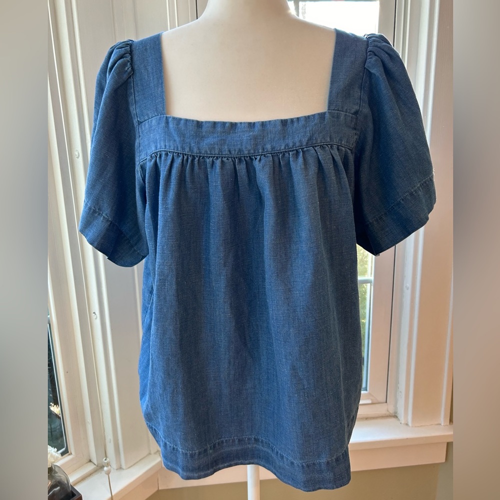 LOFT Blue Square Neck Short Sleeve Denim Blouse